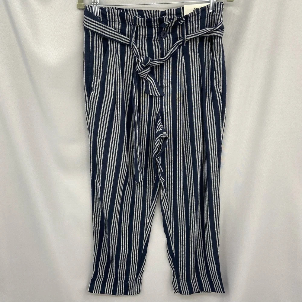 NWT LOFT Ann Taylor Striped Linen Blend Paper bag Waist Trouser  Pants‎ Size 4